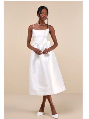 Lulus Classy Aesthetic White Taffeta Bow Midi Dress with Pockets NWT XL